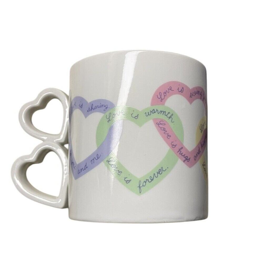 Coffee Mug Avon “Love Is Sayings” Double Heart Shaped Handle Valentines Day Mug